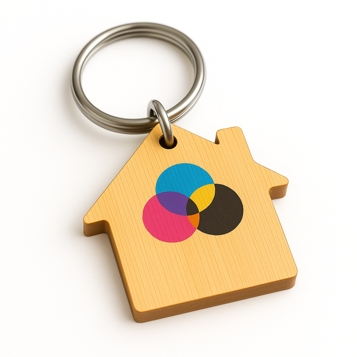 Houten sleutelhanger huisje met fullcolour bedrukking